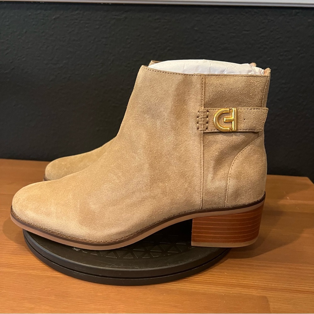 Cole Haan Women’s Beige Side Zip Holis Buckle Suede Block Heel Booties Size 8.5B